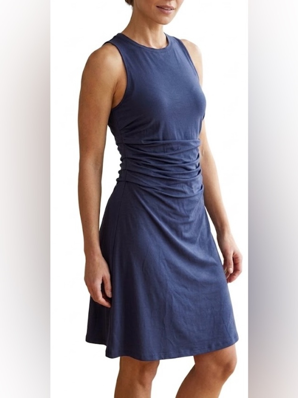 Melanie Lyne Navy Ruched Waist Jersey A-Line Dress, Sz L
